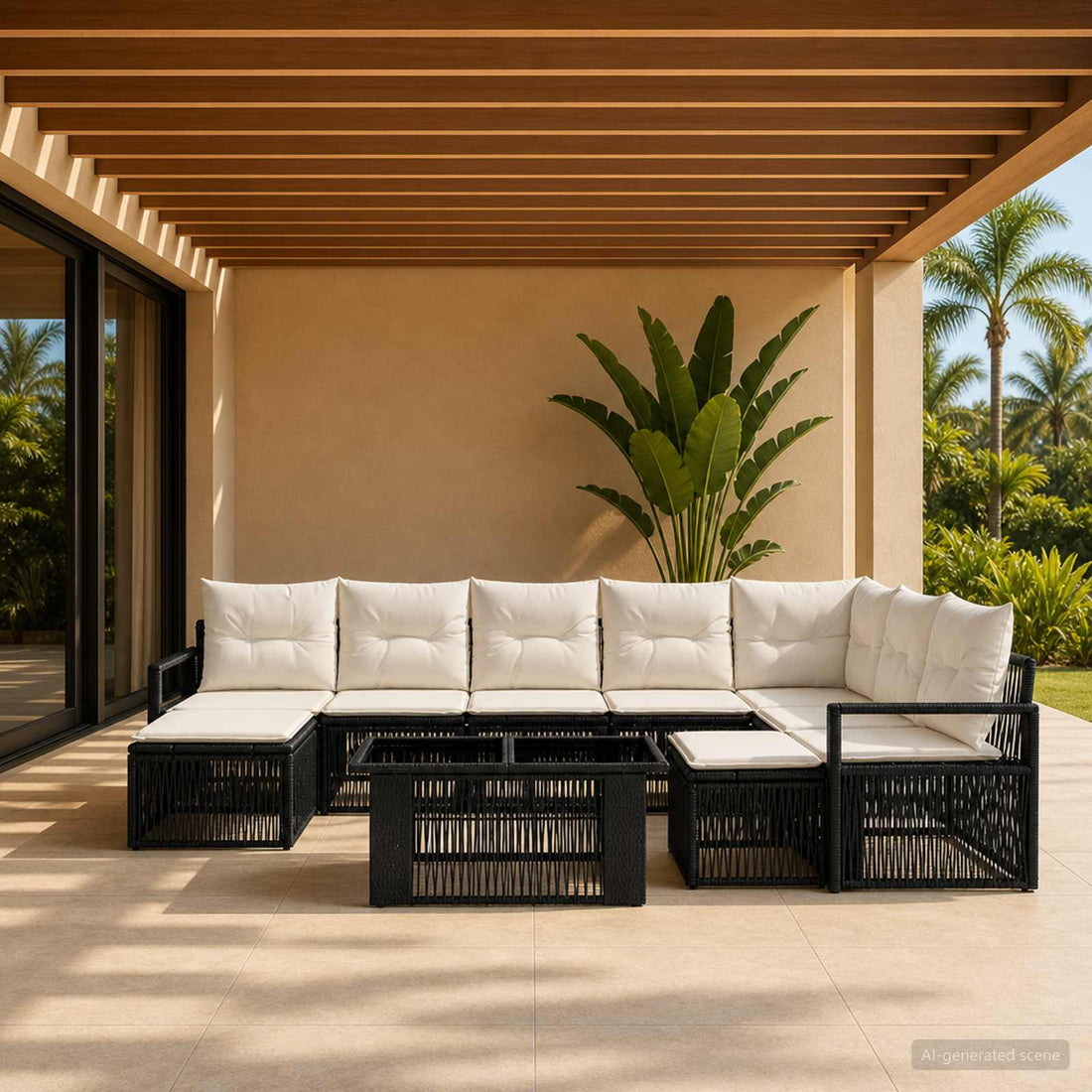 vidaXL Conjunto de sofás de jardín 10 uds. Negro y Blanco Crema