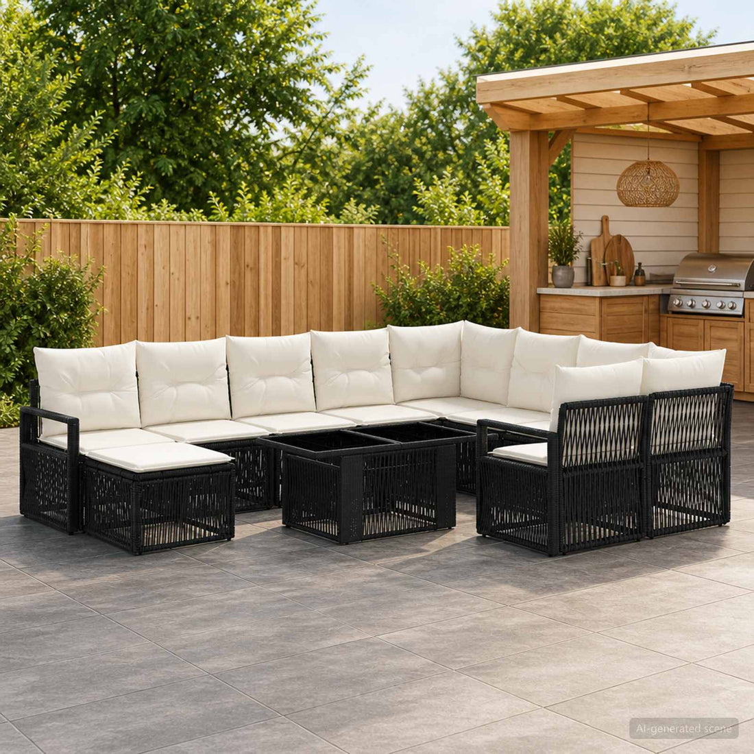 vidaXL Conjunto de sofás de jardín 11 uds. Negro y Blanco Crema