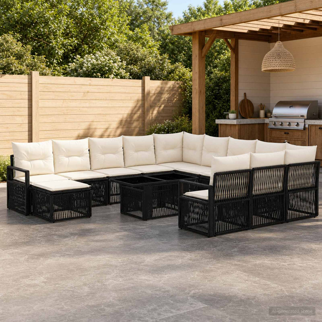 vidaXL Conjunto de sofás de jardín 13 uds. Negro y Blanco Crema