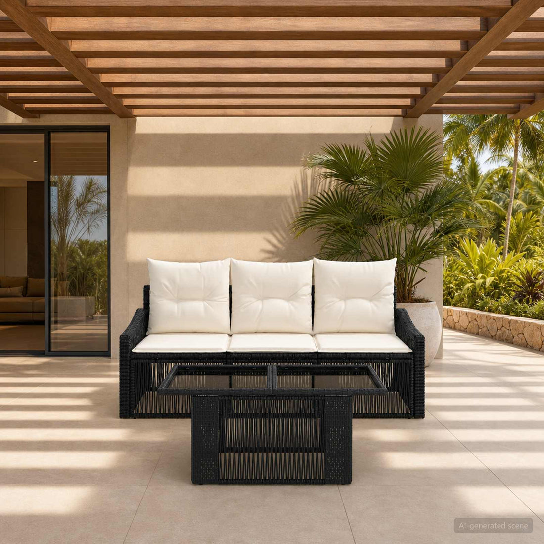 vidaXL Conjunto de sofás de jardín 4 uds. Negro y Blanco Crema