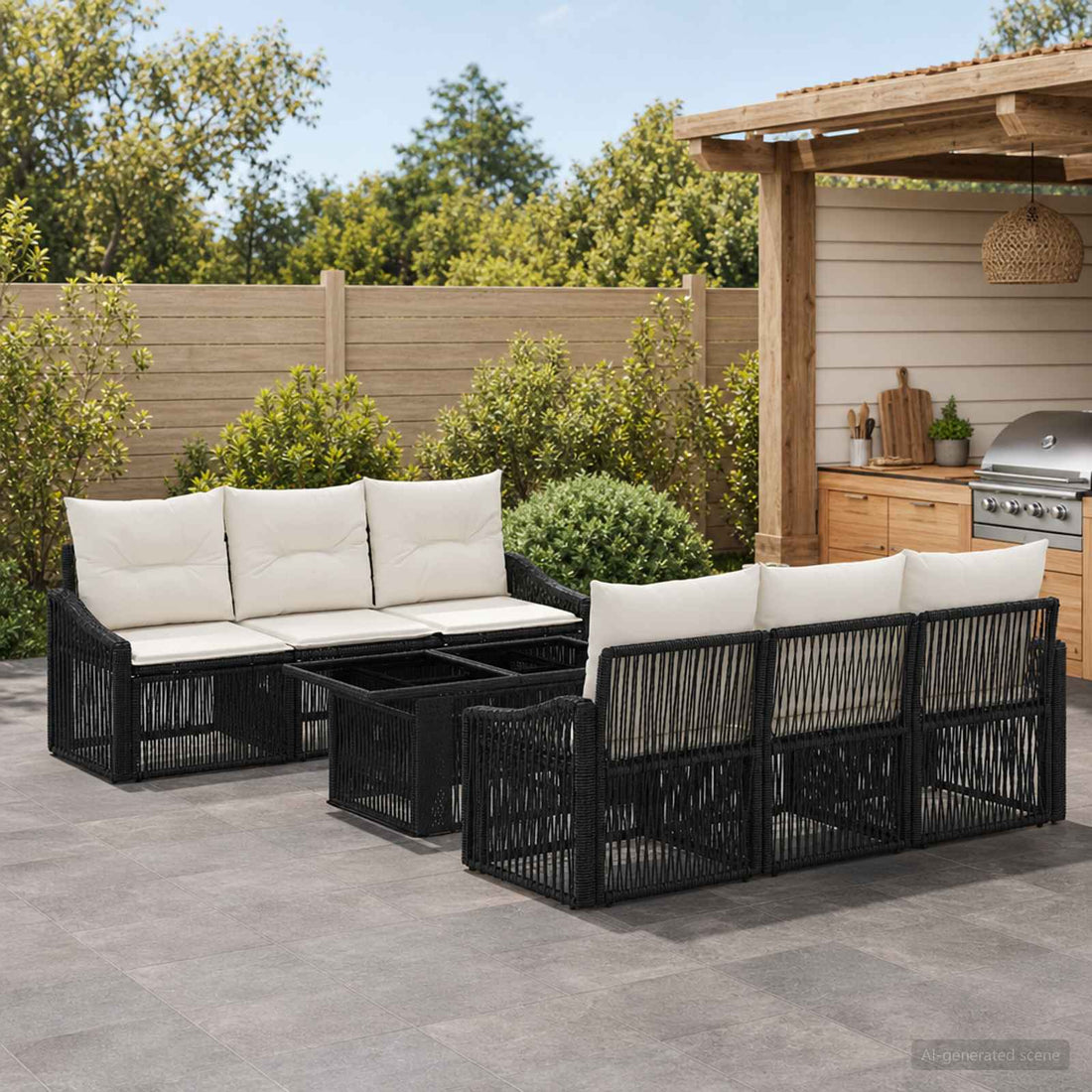 vidaXL Conjunto de sofás de jardín 7 uds. Negro y Blanco Crema