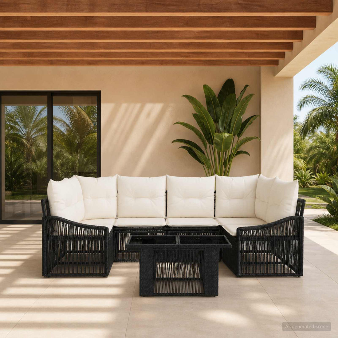 vidaXL Conjunto de sofás de jardín 7 uds. Negro y Blanco Crema