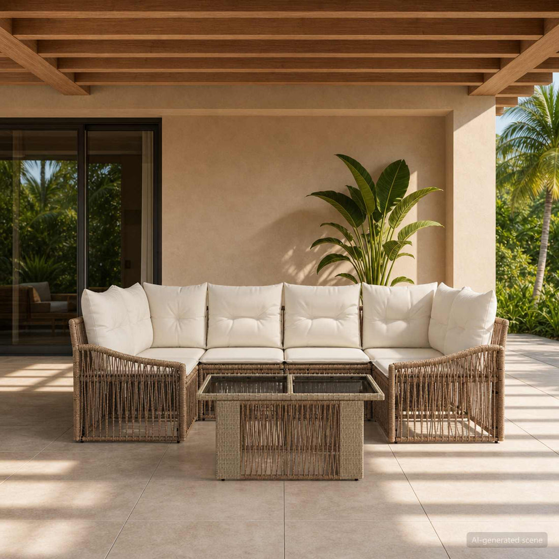 vidaXL Conjunto de sofás de jardín 7 uds. Beige y blanco crema