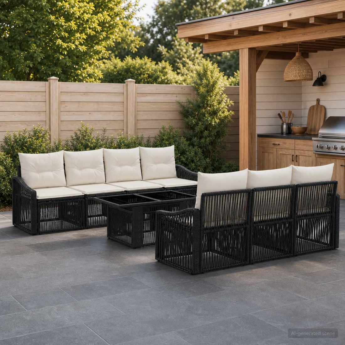 vidaXL Conjunto de sofás de jardín 8 uds. Negro y Blanco Crema