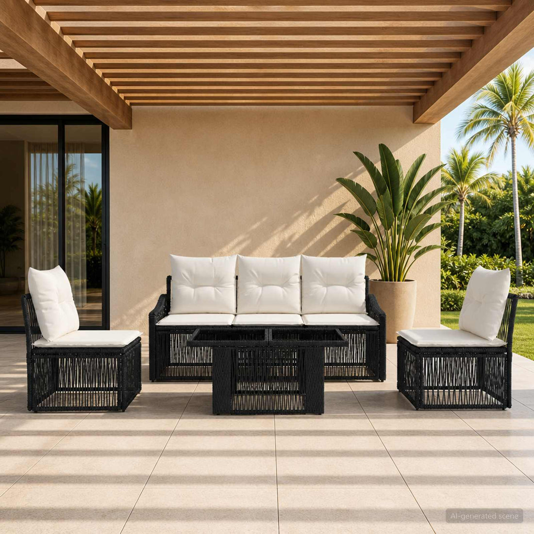 vidaXL Conjunto de sofás de jardín 6 uds. Negro y Blanco Crema