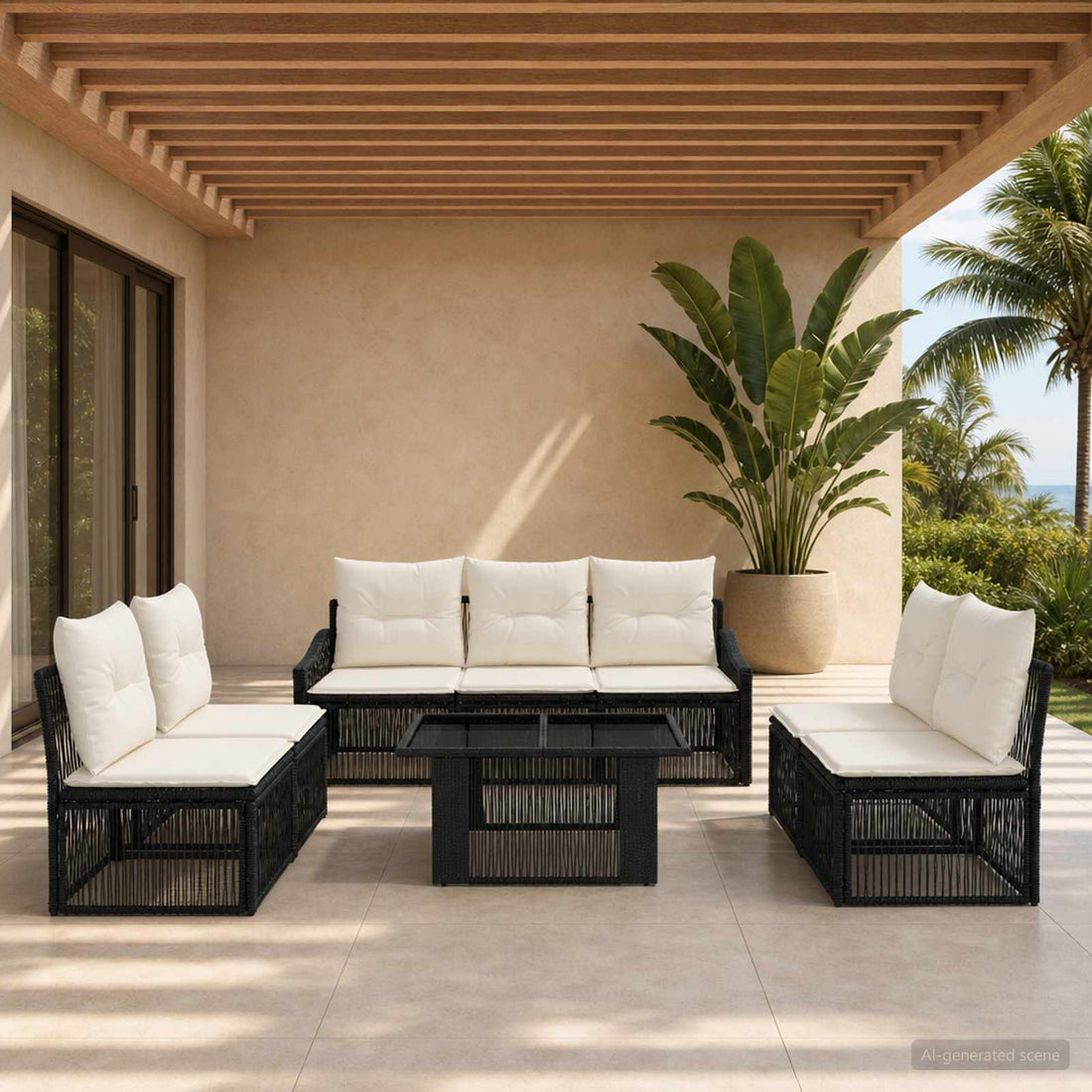 vidaXL Conjunto de sofás de jardín 8 uds. Negro y Blanco Crema