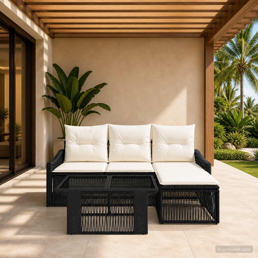 vidaXL Conjunto de sofás de jardín 5 uds. Negro y Blanco Crema