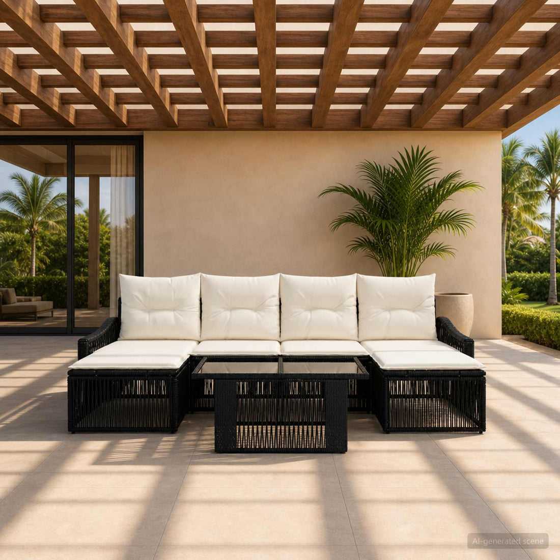 vidaXL Conjunto de sofás de jardín 6 uds. Negro y Blanco Crema