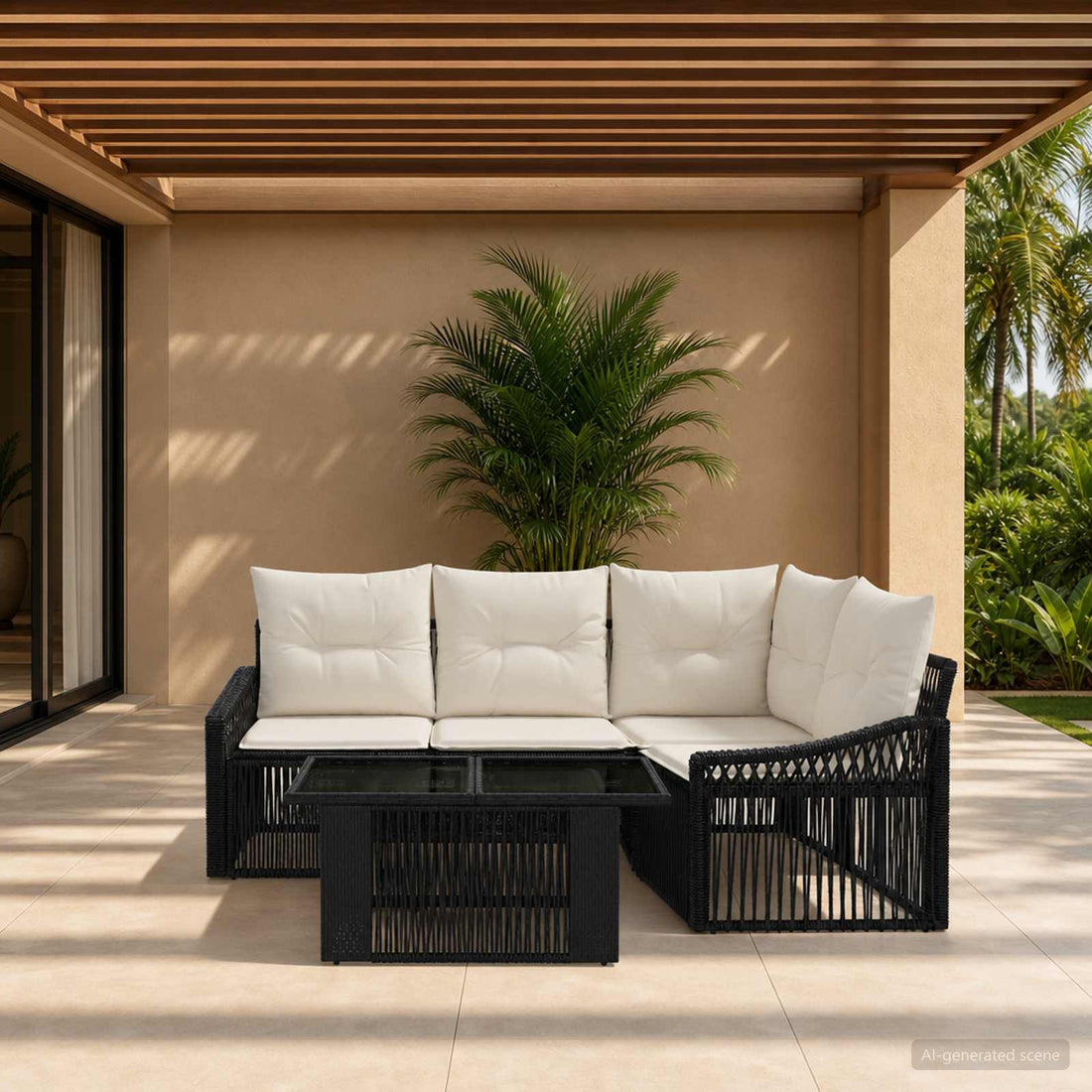 vidaXL Conjunto de sofás de jardín 5 uds. Negro y Blanco Crema
