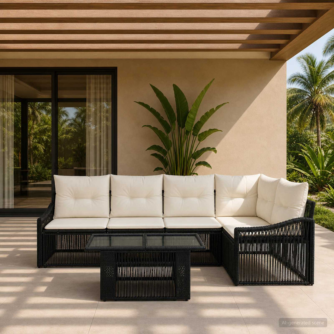 vidaXL Conjunto de sofás de jardín 6 uds. Negro y Blanco Crema