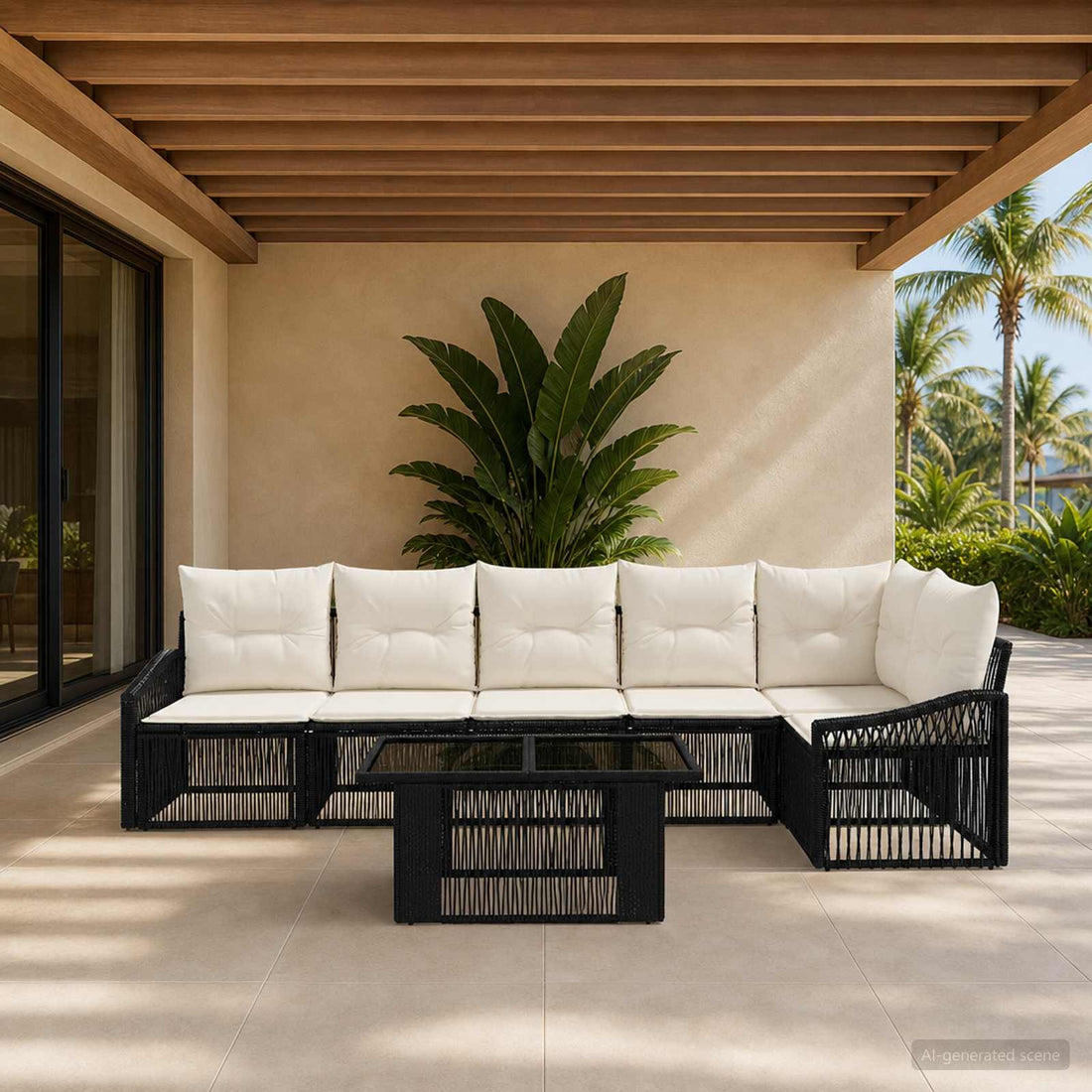 vidaXL Conjunto de sofás de jardín 7 uds. Negro y Blanco Crema
