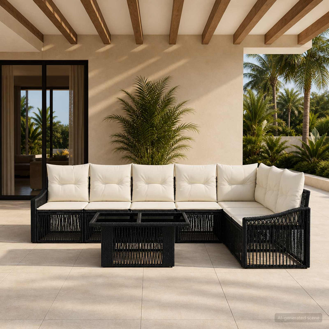 vidaXL Conjunto de sofás de jardín 8 uds. Negro y Blanco Crema