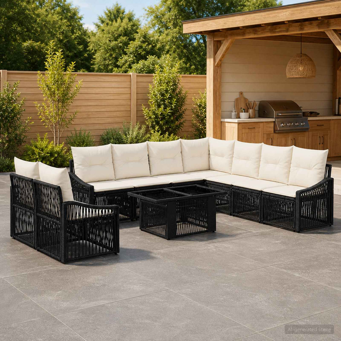 vidaXL Conjunto de sofás de jardín 10 uds. Negro y Blanco Crema