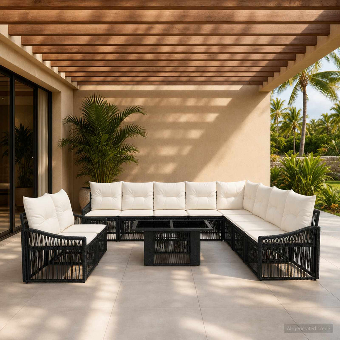 vidaXL Conjunto de sofás de jardín 11 uds. Negro y Blanco Crema