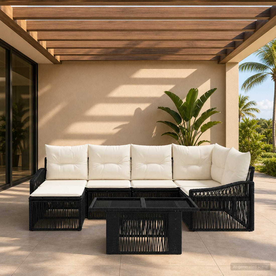 vidaXL Conjunto de sofás de jardín 7 uds. Negro y Blanco Crema