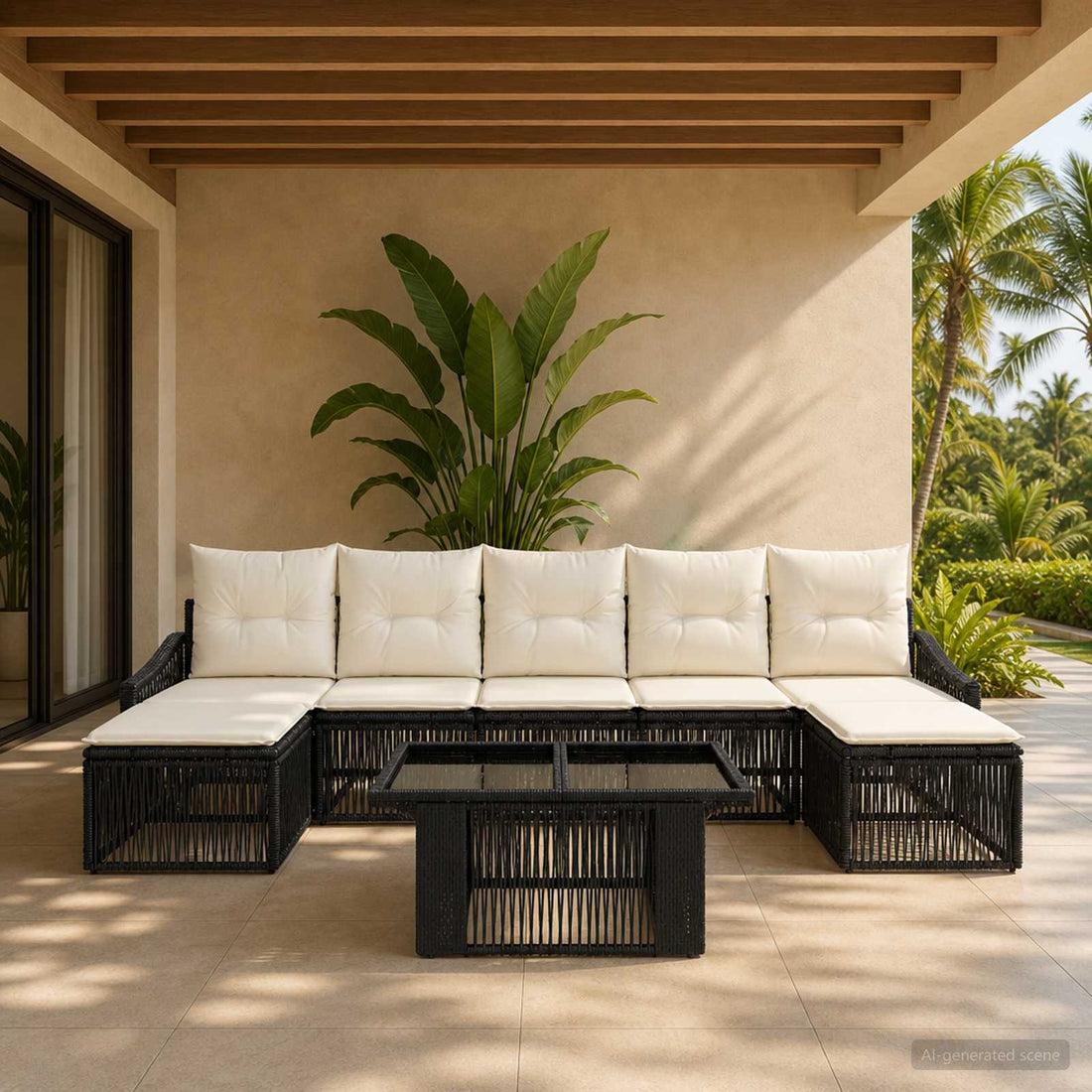 vidaXL Conjunto de sofás de jardín 8 uds. Negro y Blanco Crema