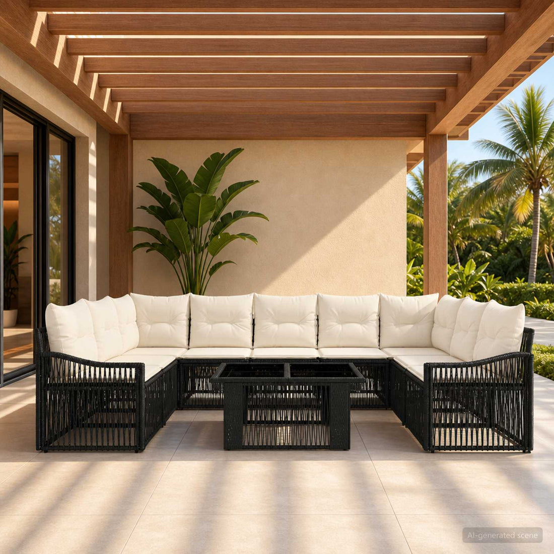vidaXL Conjunto de sofás de jardín 10 uds. Negro y Blanco Crema