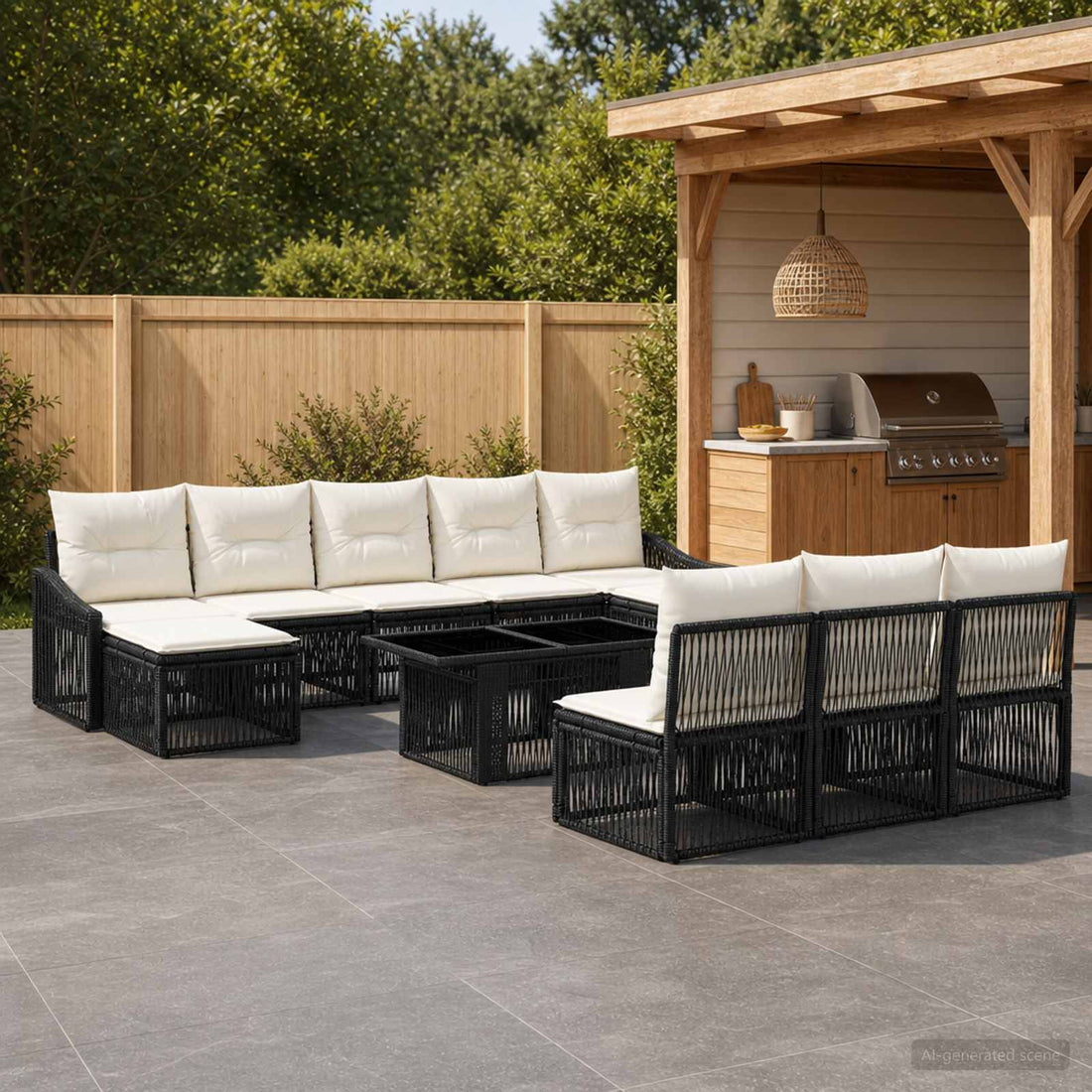 vidaXL Conjunto de sofás de jardín 11 uds. Negro y Blanco Crema