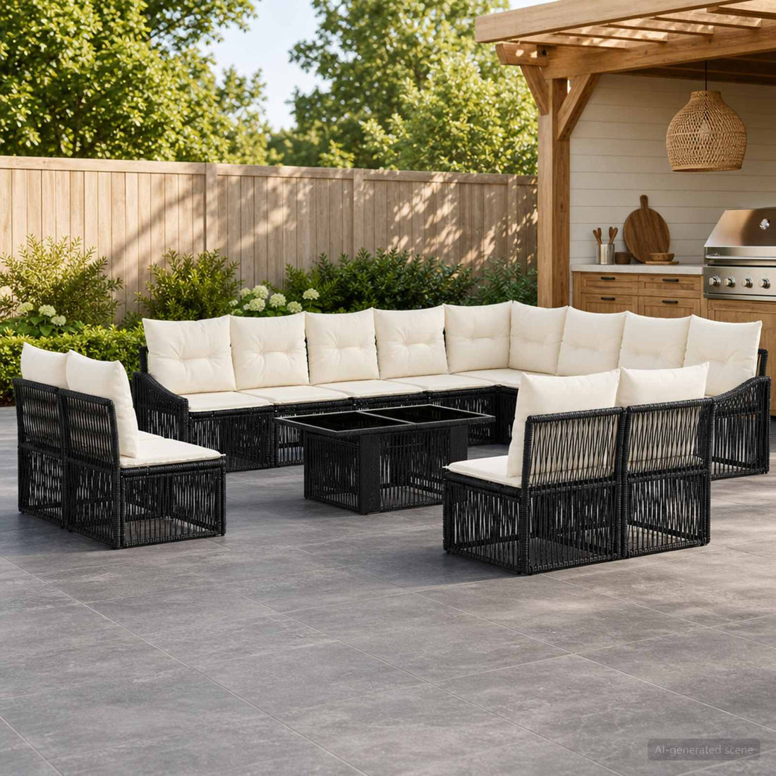 vidaXL Conjunto de sofás de jardín 13 uds. Negro y Blanco Crema