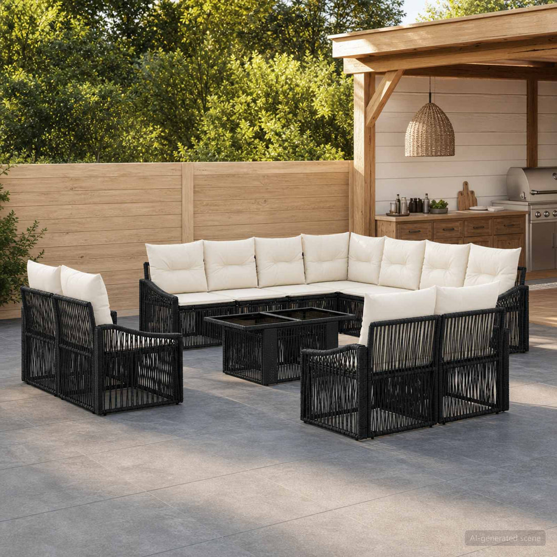 vidaXL Conjunto de sofás de jardín 12 uds. Negro y Blanco Crema