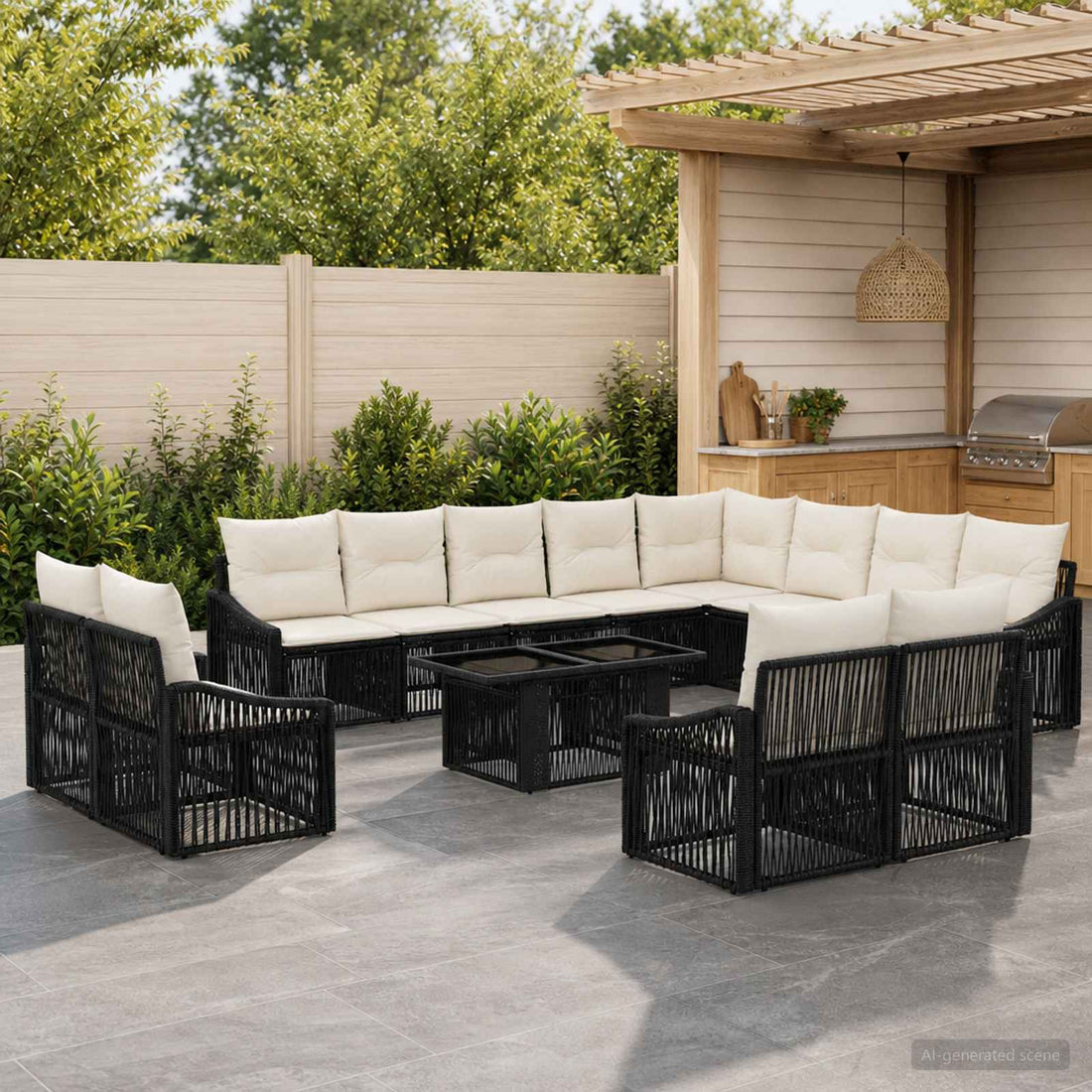 vidaXL Conjunto de sofás de jardín 13 uds. Negro y Blanco Crema