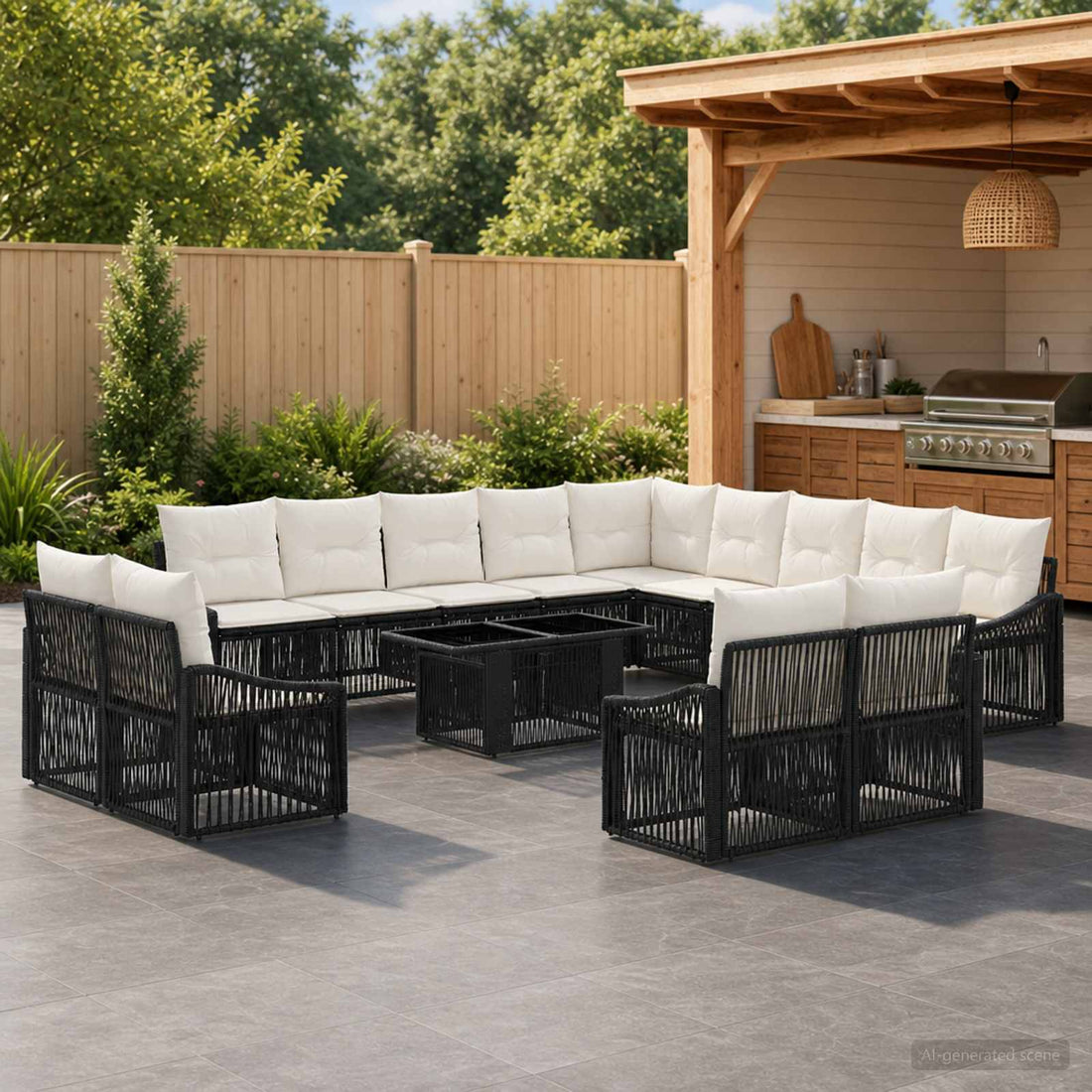 vidaXL Conjunto de sofás de jardín 14 uds. Negro y Blanco Crema