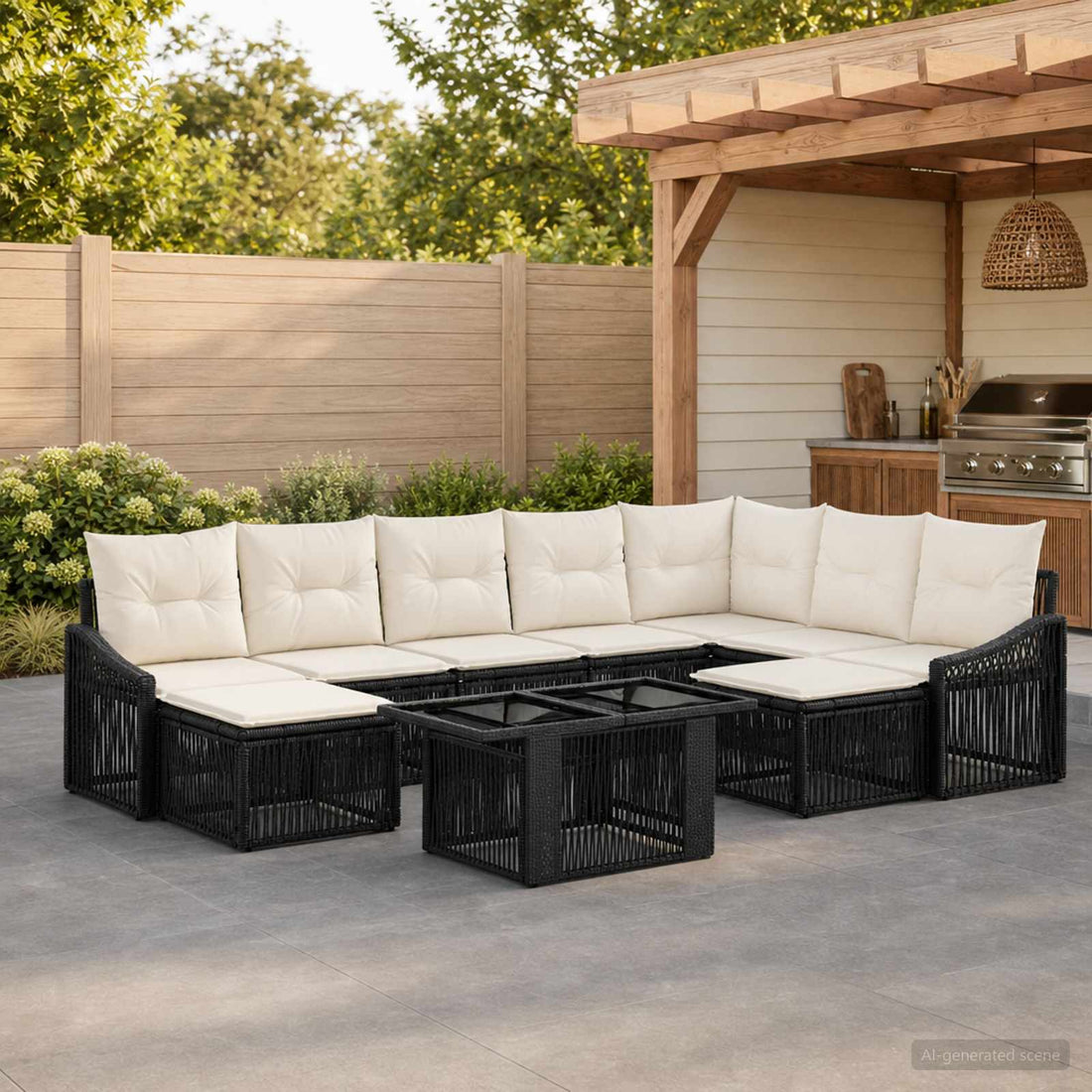 vidaXL Conjunto de sofás de jardín 10 uds. Negro y Blanco Crema