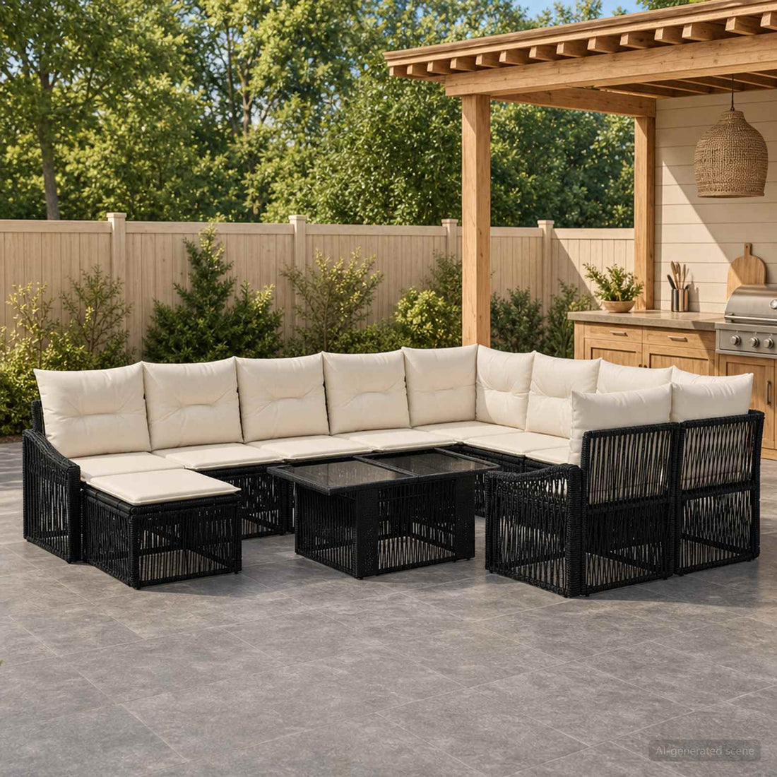 vidaXL Conjunto de sofás de jardín 11 uds. Negro y Blanco Crema