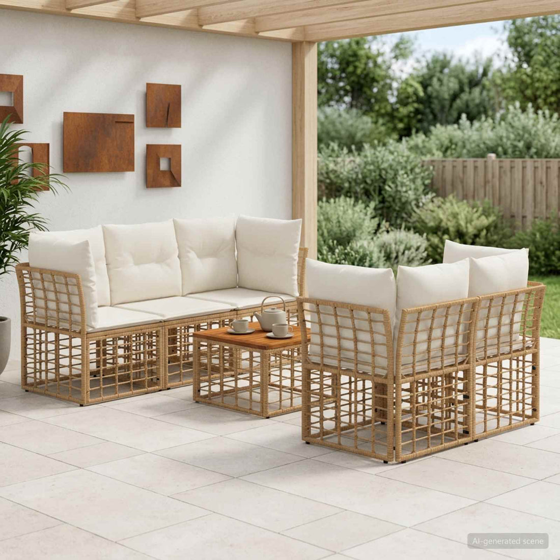 vidaXL Conjunto de sofás de exterior 6 uds. Natural y Crema