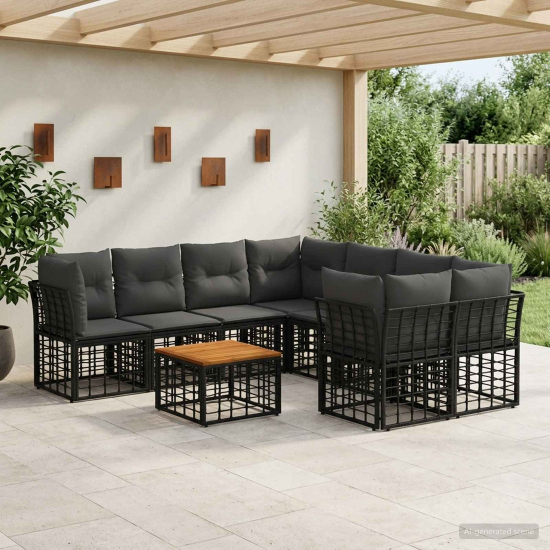 vidaXL Conjunto de sofás de exterior 9 uds. Negro y Gris oscuro