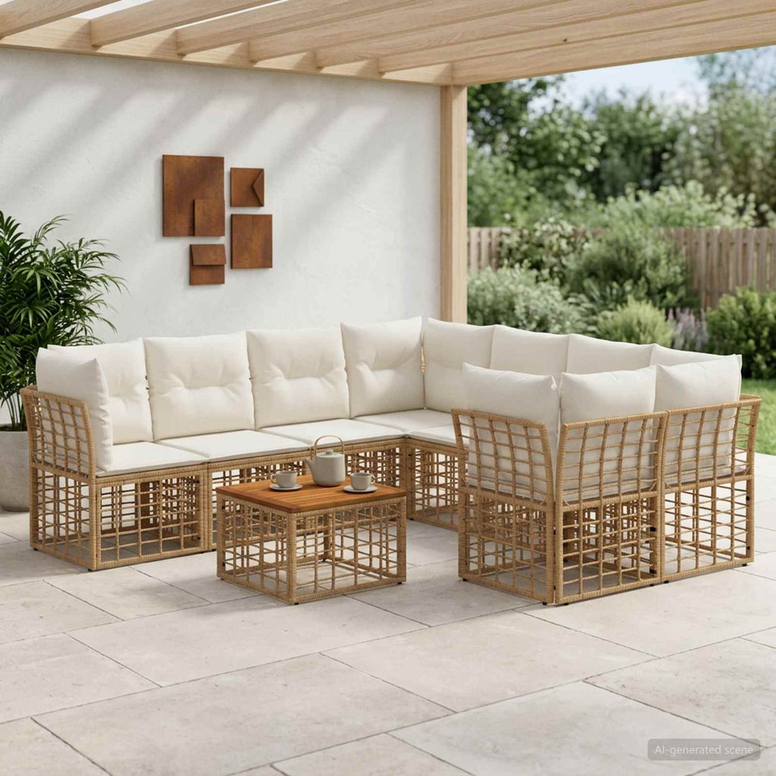 vidaXL Conjunto de sofás de exterior 9 uds. Natural y Crema