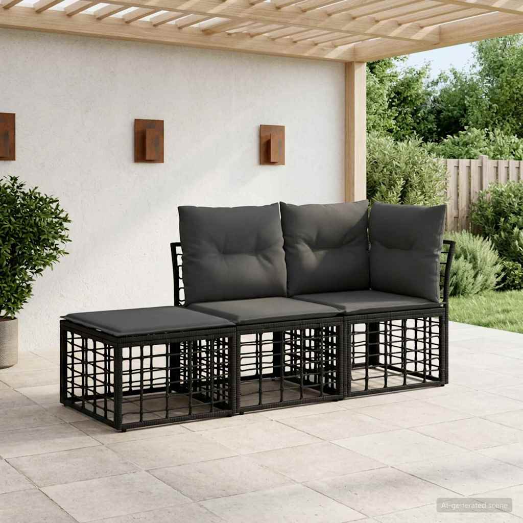 vidaXL Conjunto de sofás de exterior 3 uds. Negro Poliéster