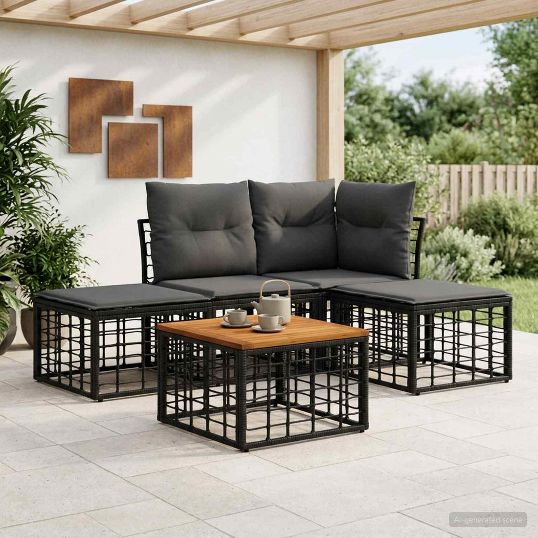 vidaXL Conjunto de sofás de exterior 5 uds. Negro y Gris oscuro