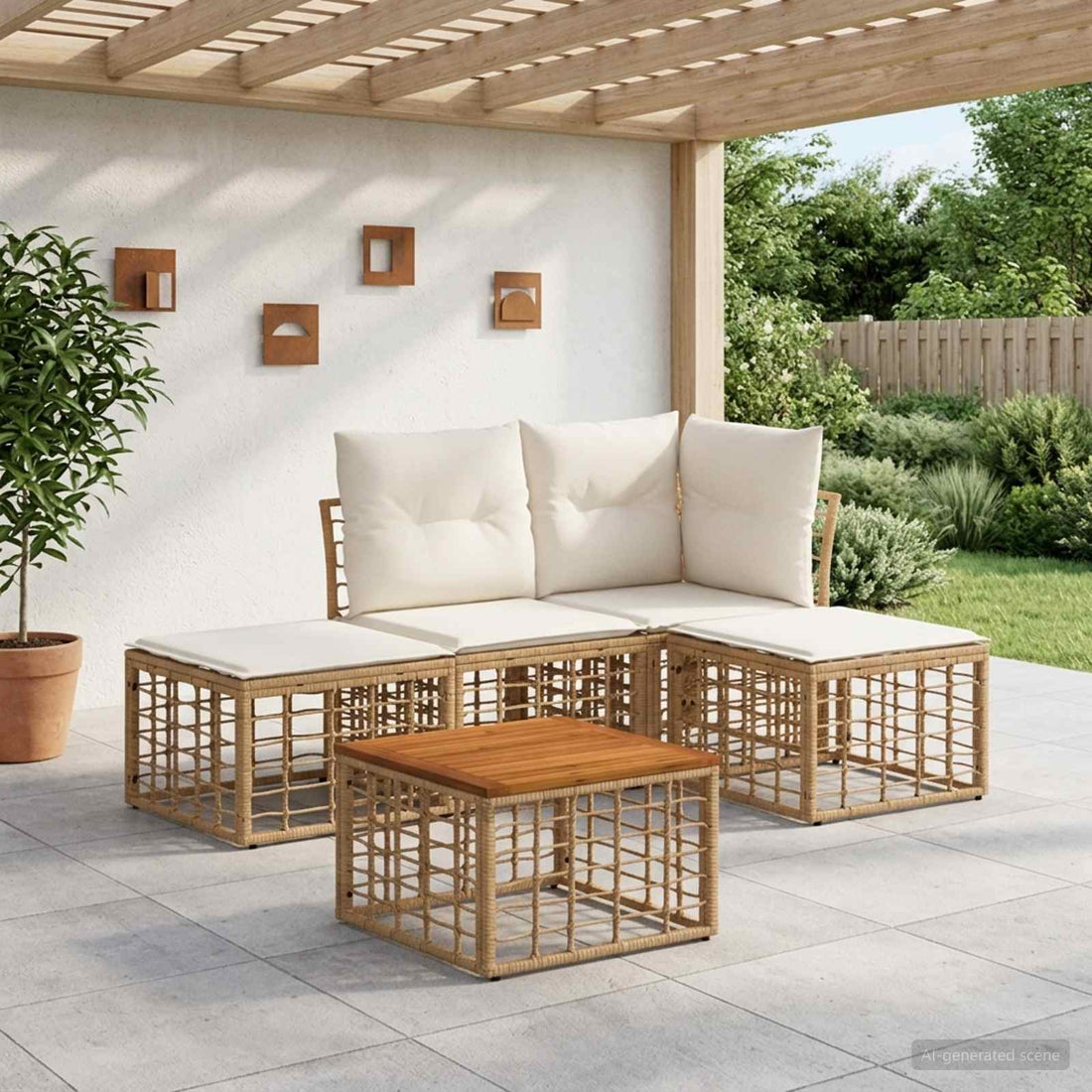 vidaXL Conjunto de sofás de exterior 5 uds. Natural y Crema Poliéster
