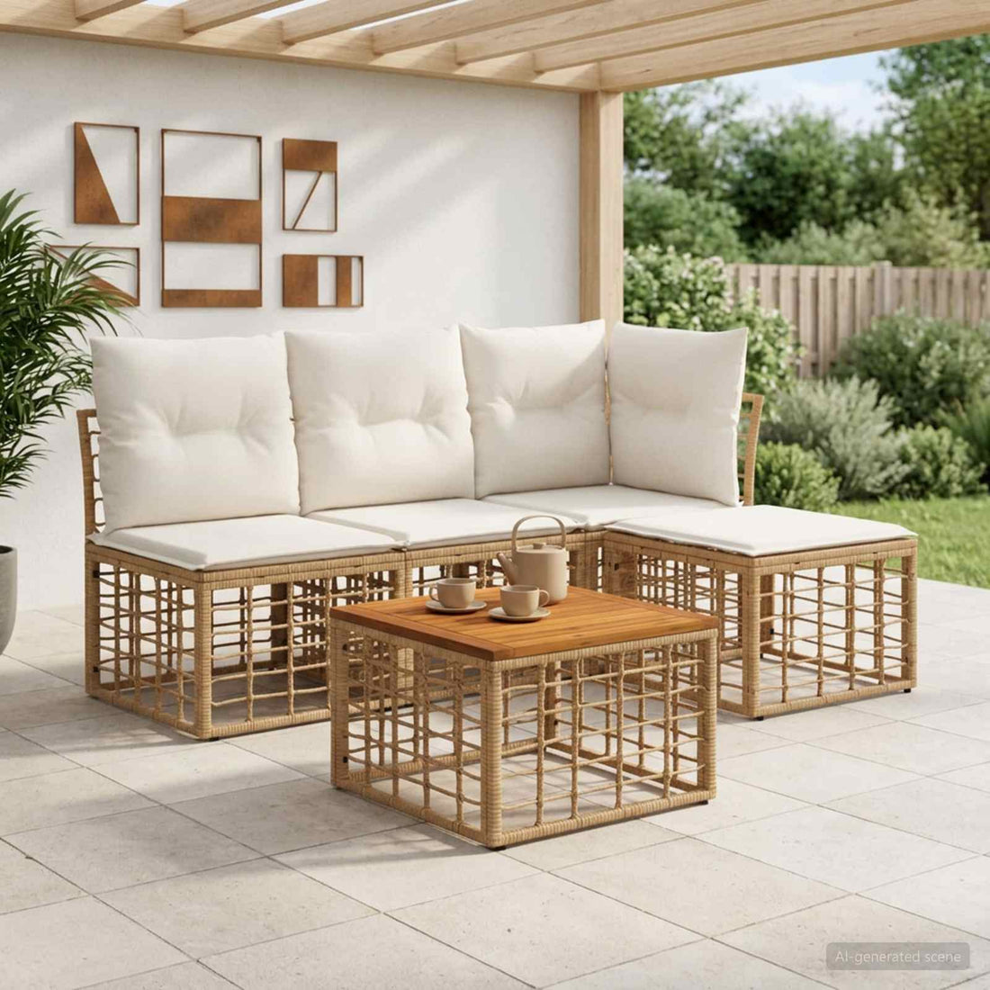 vidaXL Conjunto de sofás de exterior 5 uds. Natural y Crema Poliéster