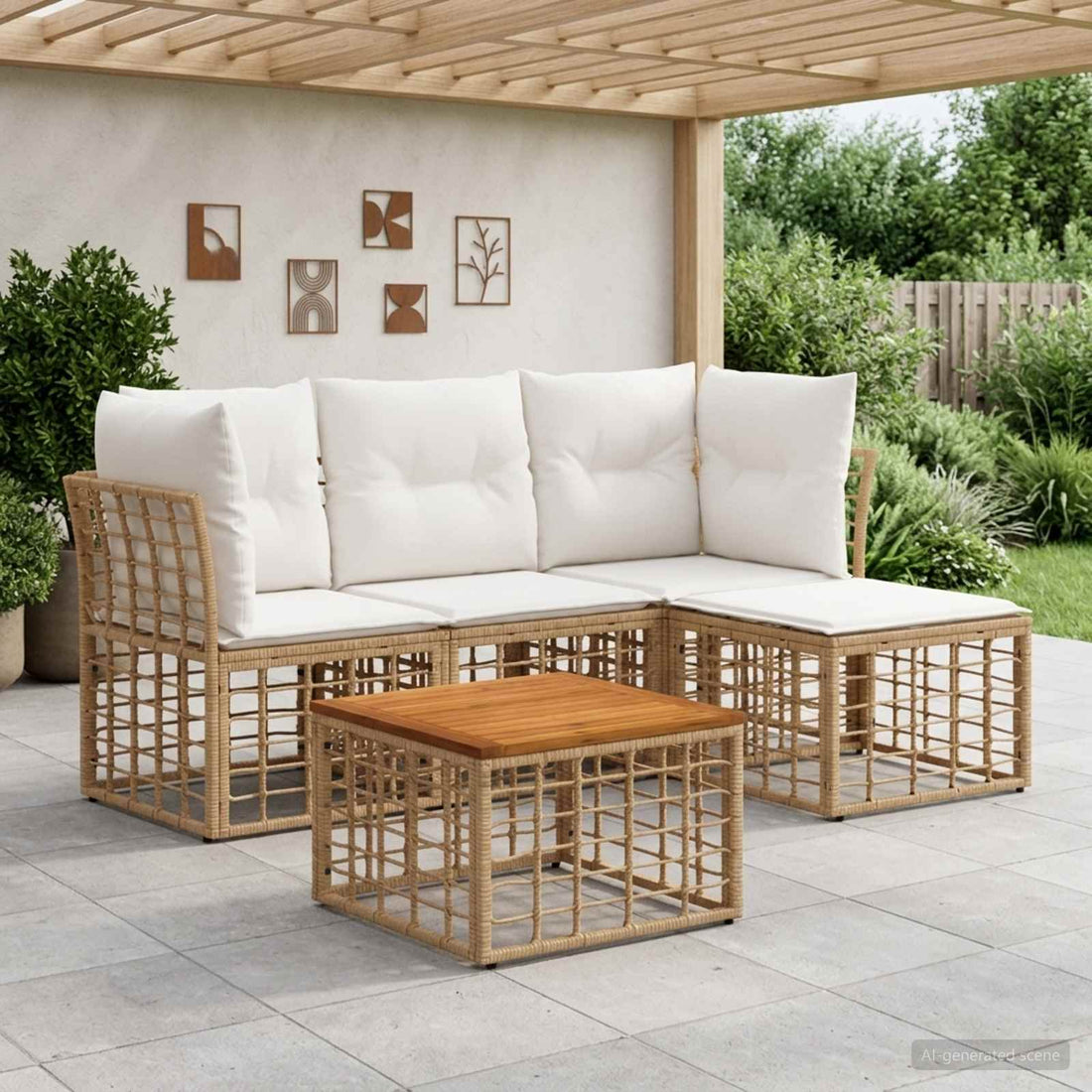 vidaXL Conjunto de sofás de exterior 5 uds. Natural y Crema Poliéster
