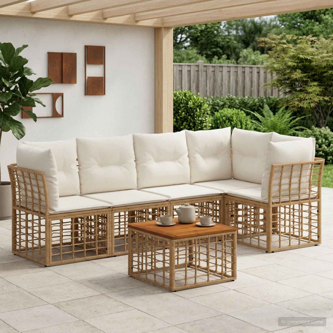 vidaXL Conjunto de sofás de exterior 6 uds. Natural y Crema Poliéster