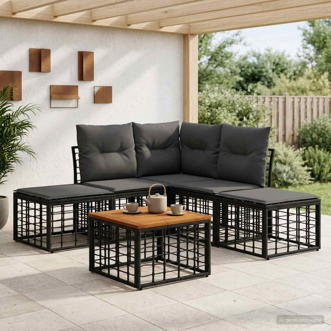 vidaXL Conjunto de sofás de exterior 6 uds. Negro y Gris oscuro
