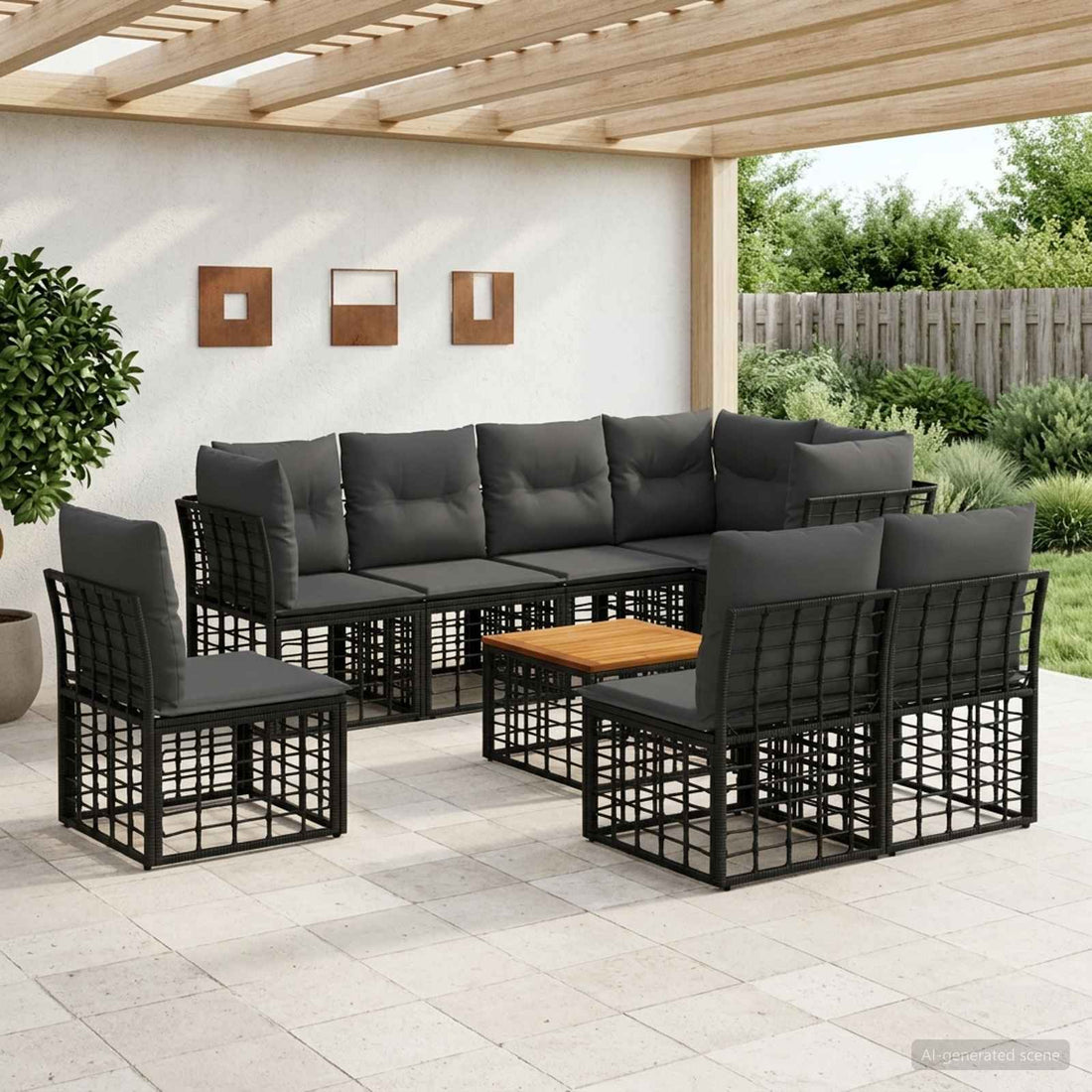 vidaXL Conjunto de sofás de exterior 9 uds. Negro y Gris oscuro