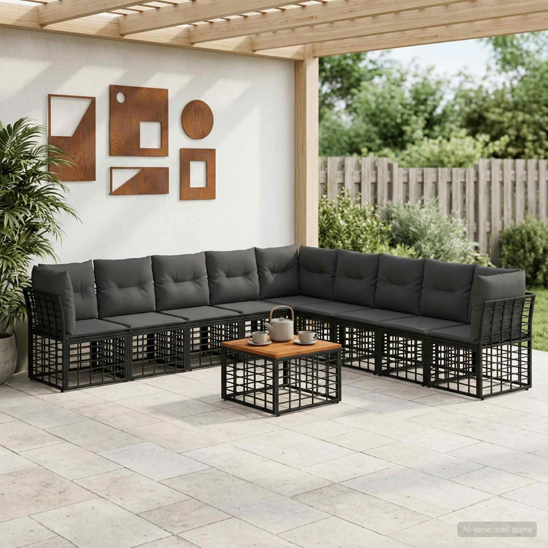 vidaXL Conjunto de sofás de exterior 10 uds. Negro y Gris oscuro