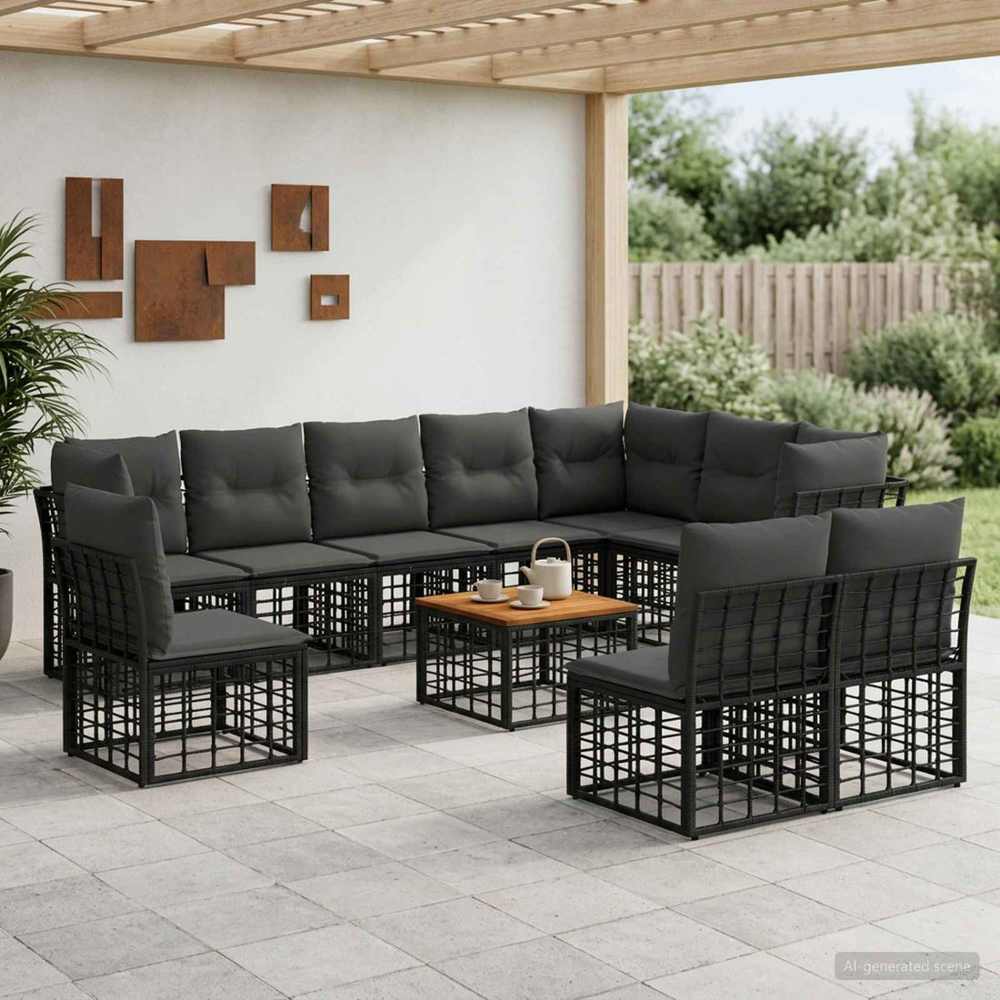 vidaXL Conjunto de sofás de exterior 11 uds. Negro y Gris oscuro