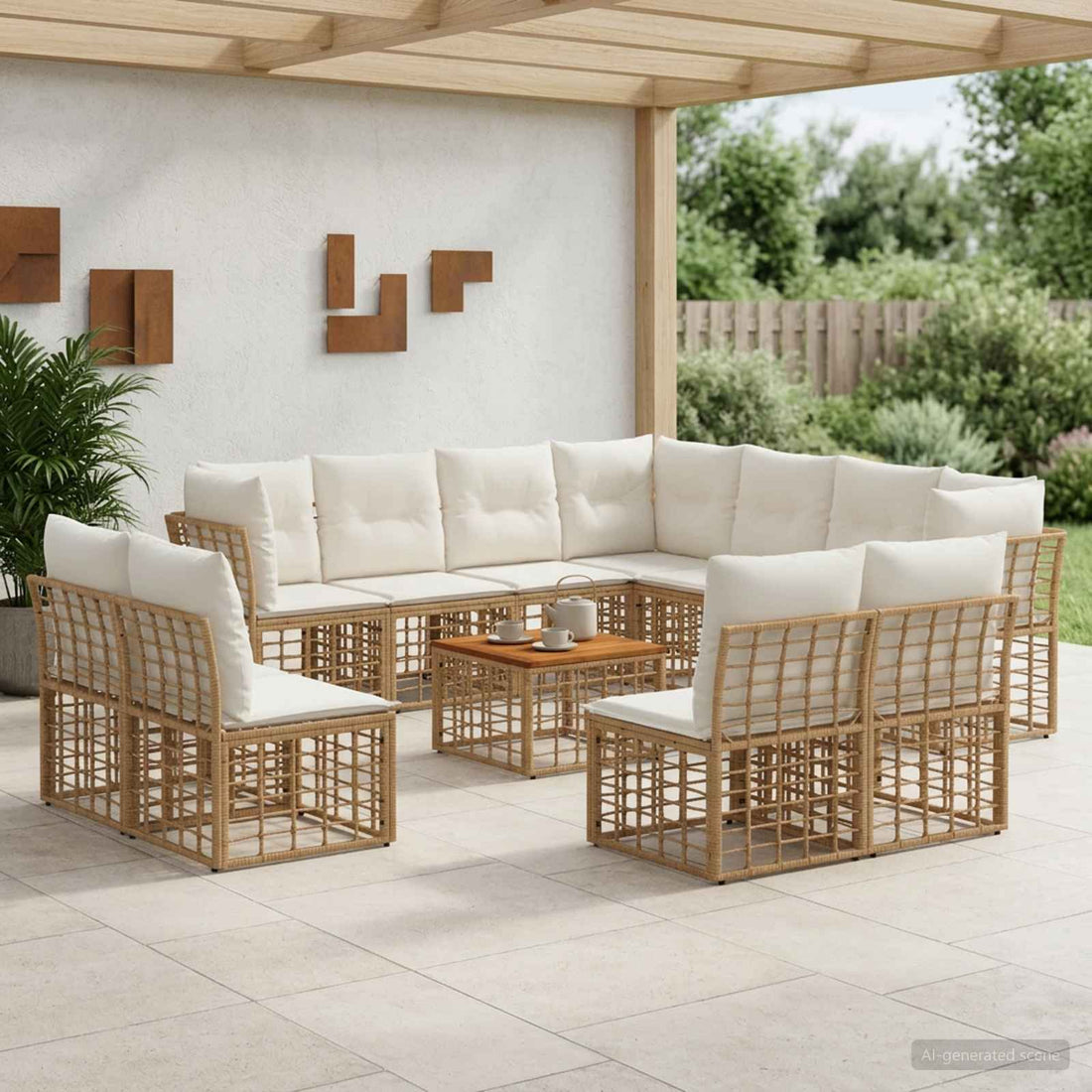 vidaXL Conjunto de sofás de exterior 12 uds. Natural y Crema Poliéster