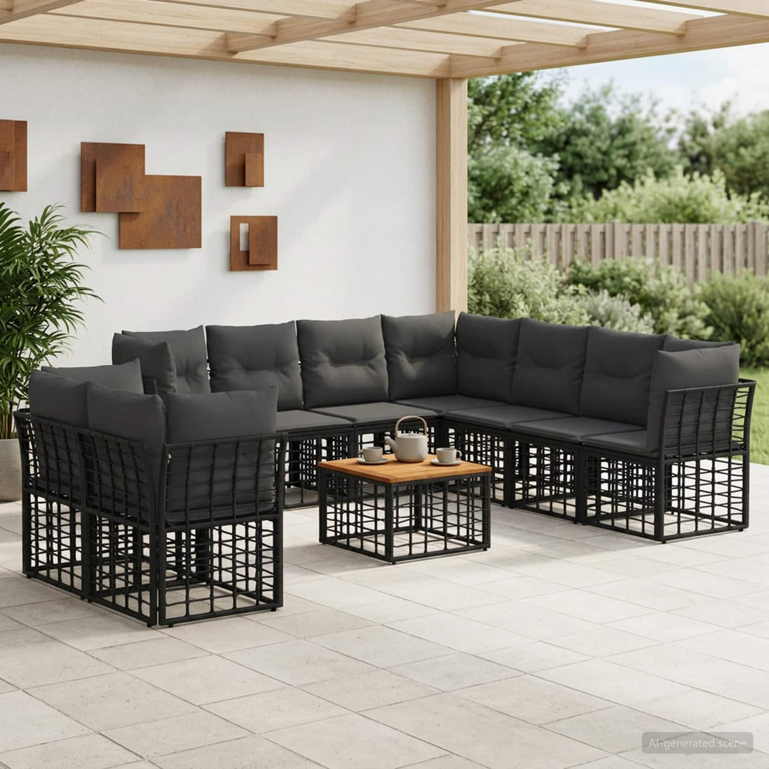 vidaXL Conjunto de sofás de exterior 10 uds. Negro y Gris oscuro