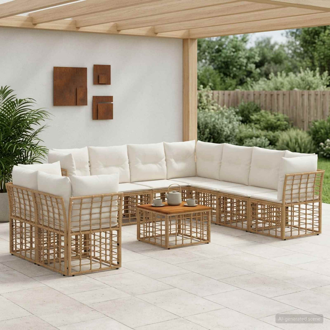 vidaXL Conjunto de sofás de exterior 10 uds. Natural y Crema Poliéster