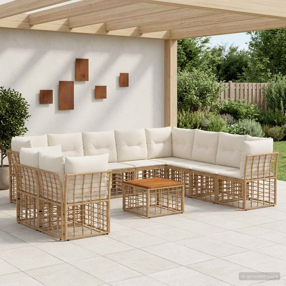 vidaXL Conjunto de sofás de exterior 11 uds. Natural y Crema Poliéster