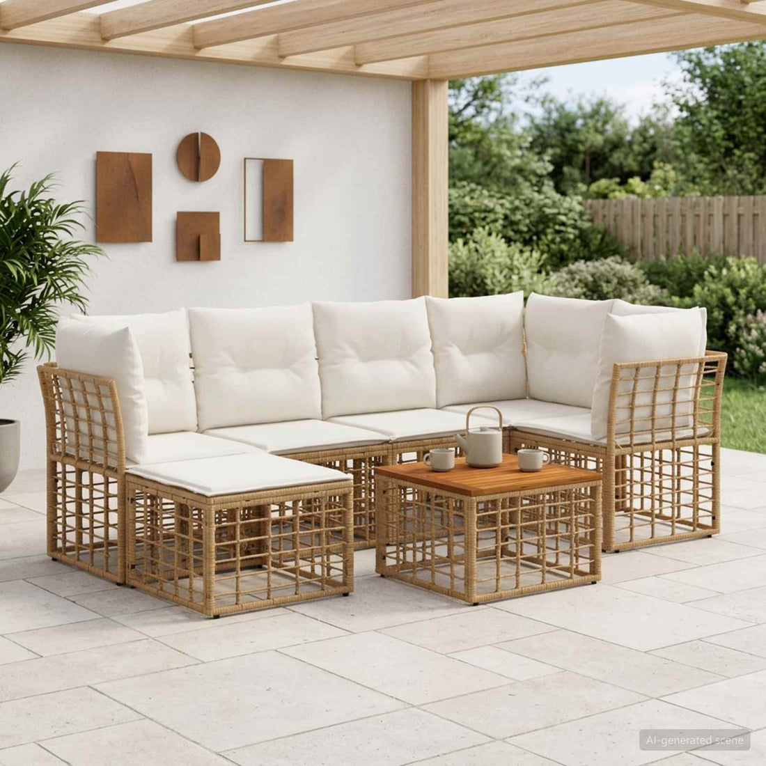 vidaXL Conjunto de sofás de exterior 7 uds. Natural y Crema Poliéster