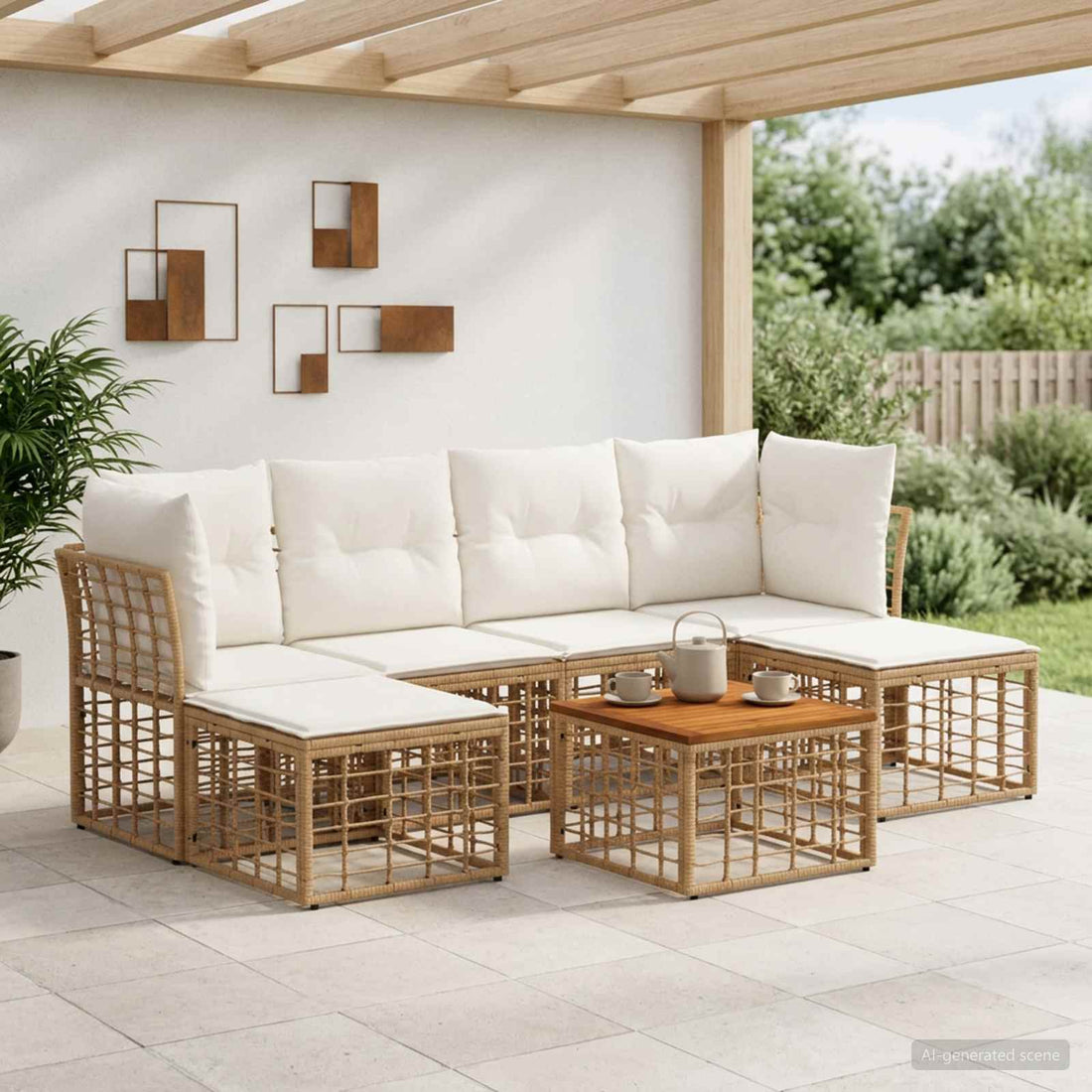 vidaXL Conjunto de sofás de exterior 7 uds. Natural y Crema Poliéster