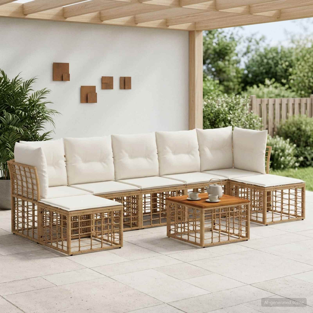 vidaXL Conjunto de sofás de exterior 8 uds. Natural y Crema Poliéster