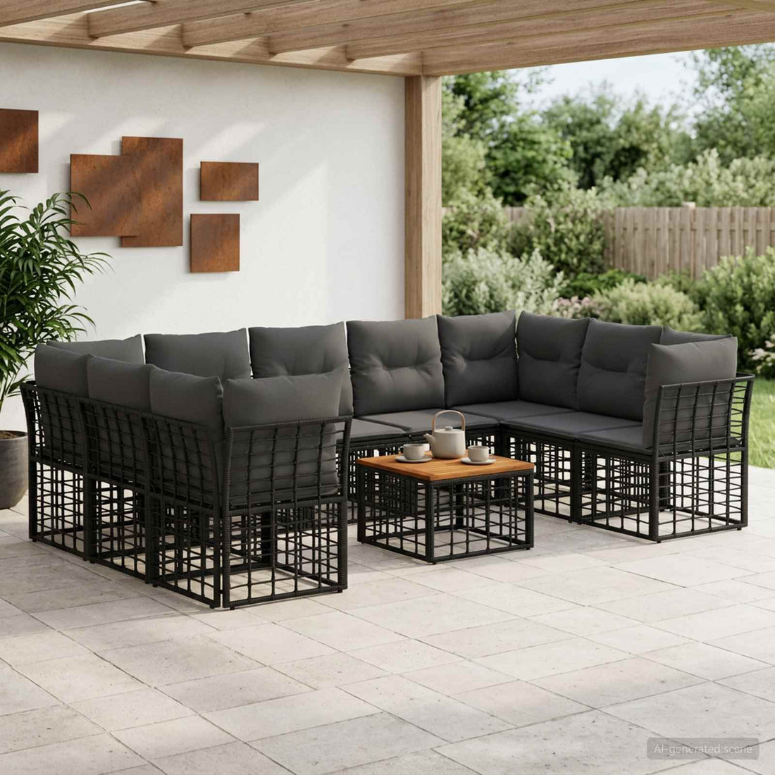 vidaXL Conjunto de sofás de exterior 10 uds. Negro y Gris oscuro