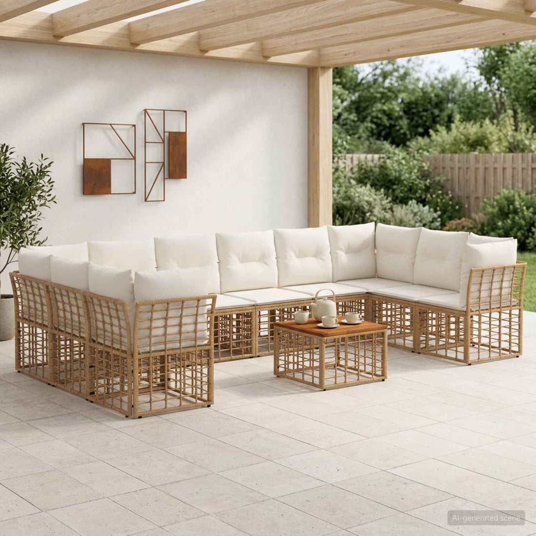vidaXL Conjunto de sofás de exterior 11 uds. Natural y Crema Poliéster